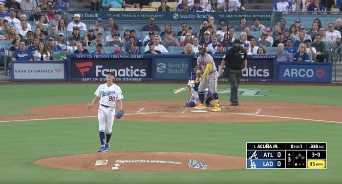 Los Angeles Dodgers pitcher Emmet Sheehan reacts after a pitch